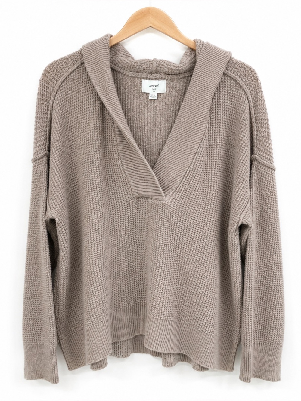 Aerie Waffle Knit Hooded Sweater Taupe Oversized V-Neck Cozy Pullover Medium
